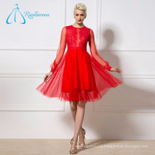 A-Line Lace Button Tulle Satin Sashes Red Prom Dress